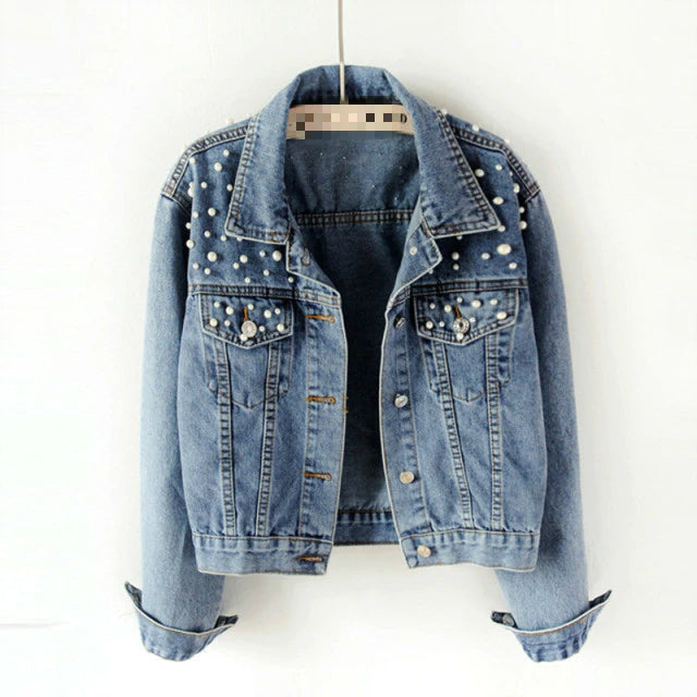 Full Sleeve Loose Button Pearls Short Women’s Denim Jacket