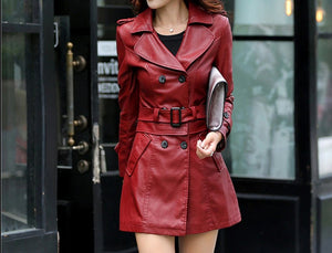 Slim Fit Long Leather Jacket For Women