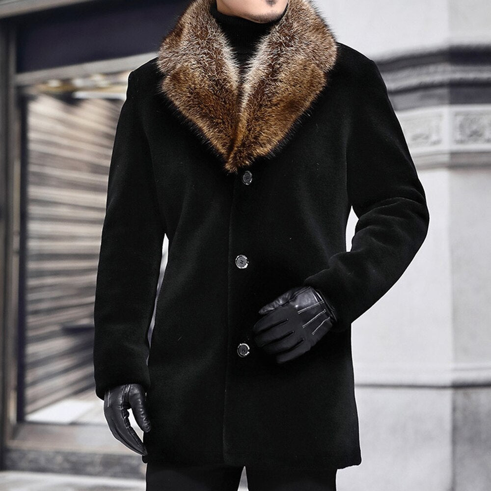 Winter Men Fur Long Woolen Coat