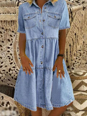 Mercerized Denim Pleated Short Sleeve Shirt