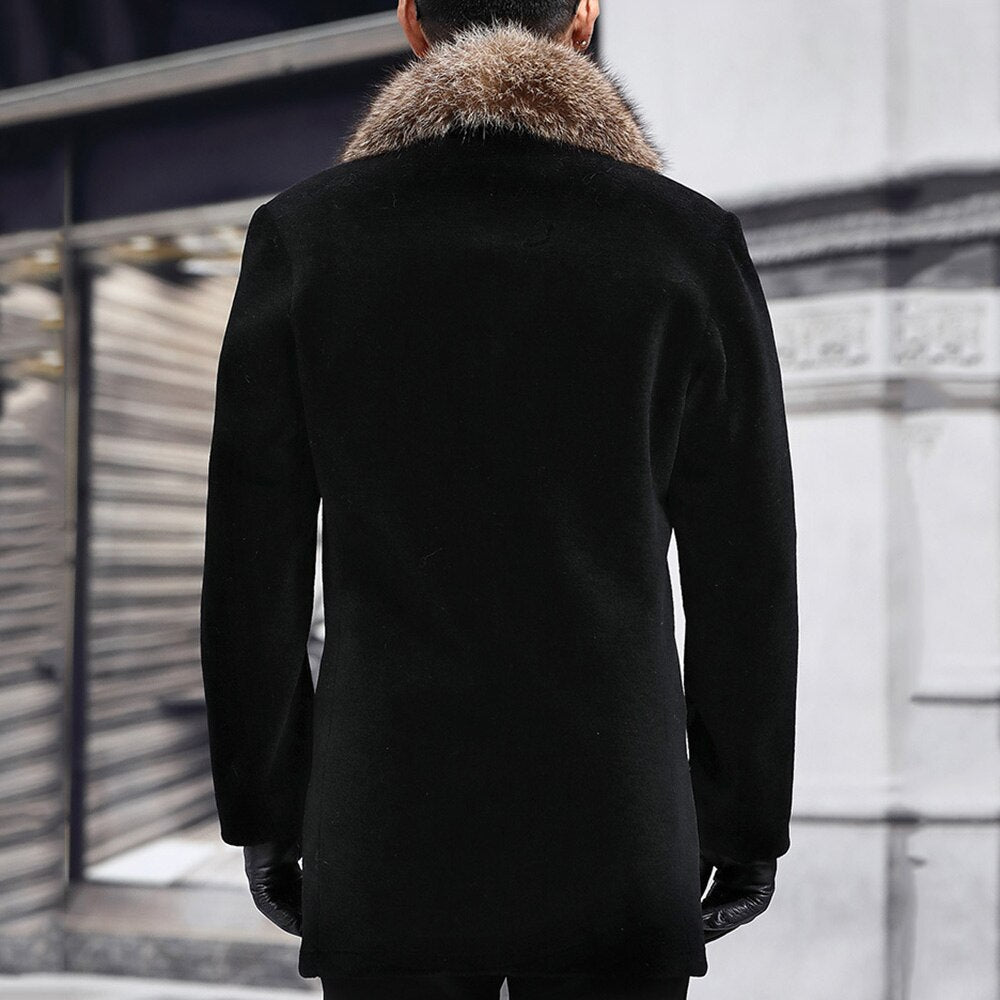 Winter Men Fur Long Woolen Coat