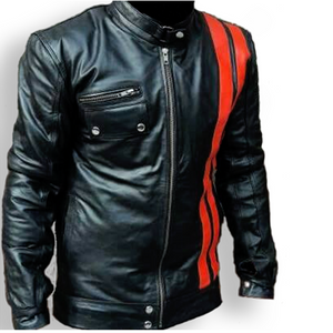 Black With Red Stripes Leather Jacket