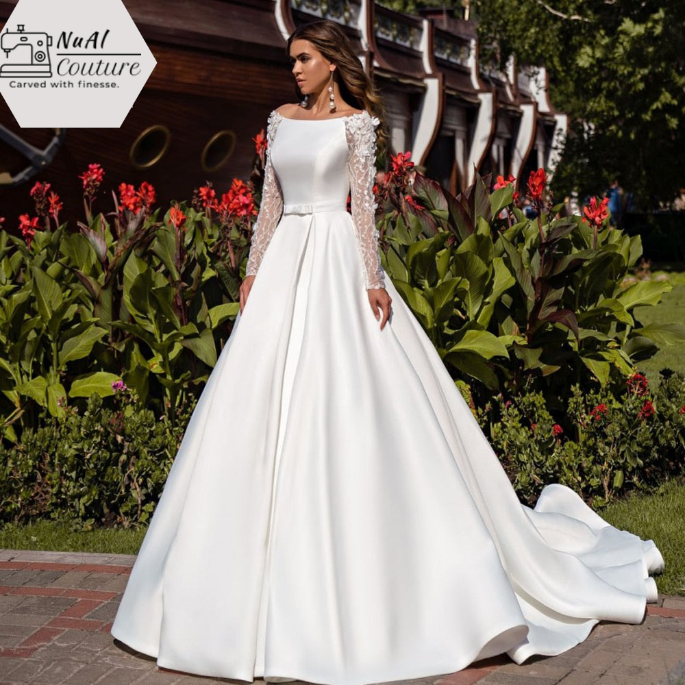 Vestido Matte Satin O-Neck Wedding Dress