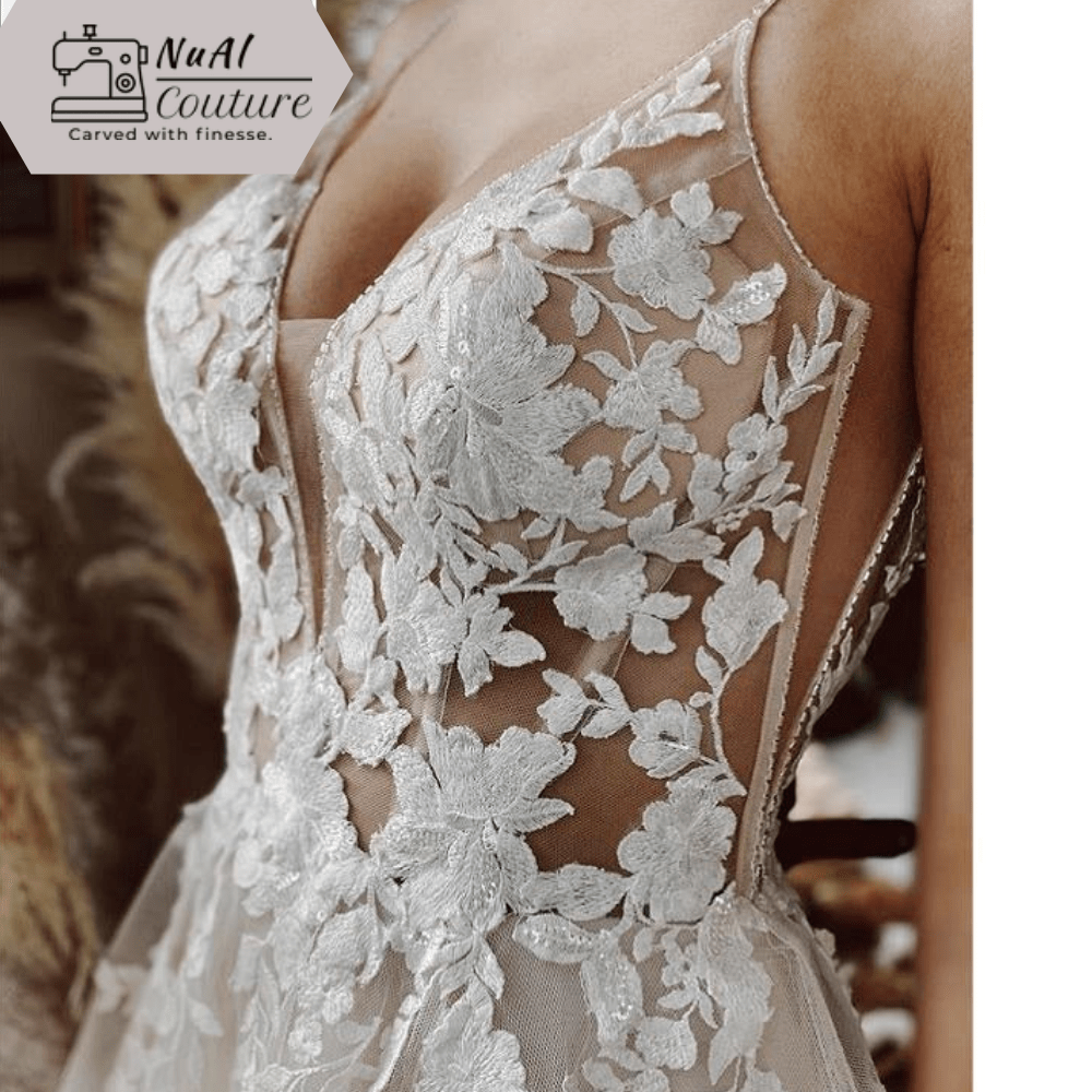 Ivory Lace Tulle Beading V-Neck Bridal Gowns