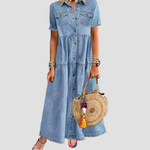 Mercerized Denim Pleated Short Sleeve Shirt