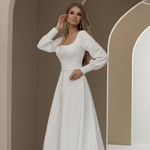 Ivory Satin Long Sleeves Scoop Bridal Gown