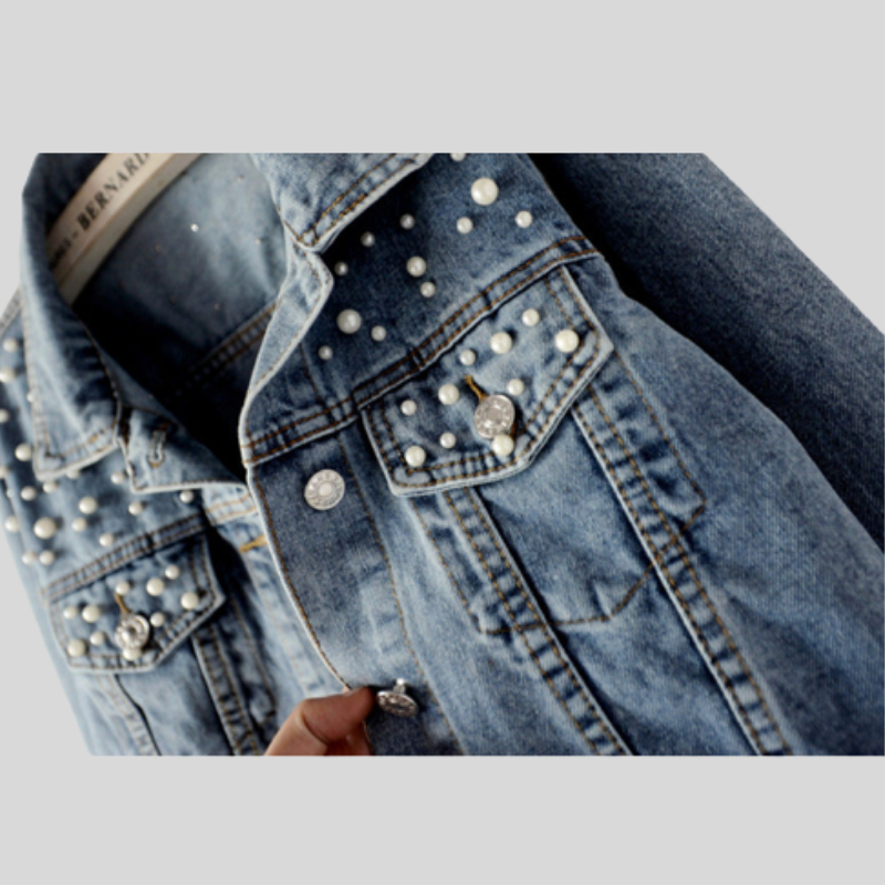 Full Sleeve Loose Button Pearls Short Women’s Denim Jacket