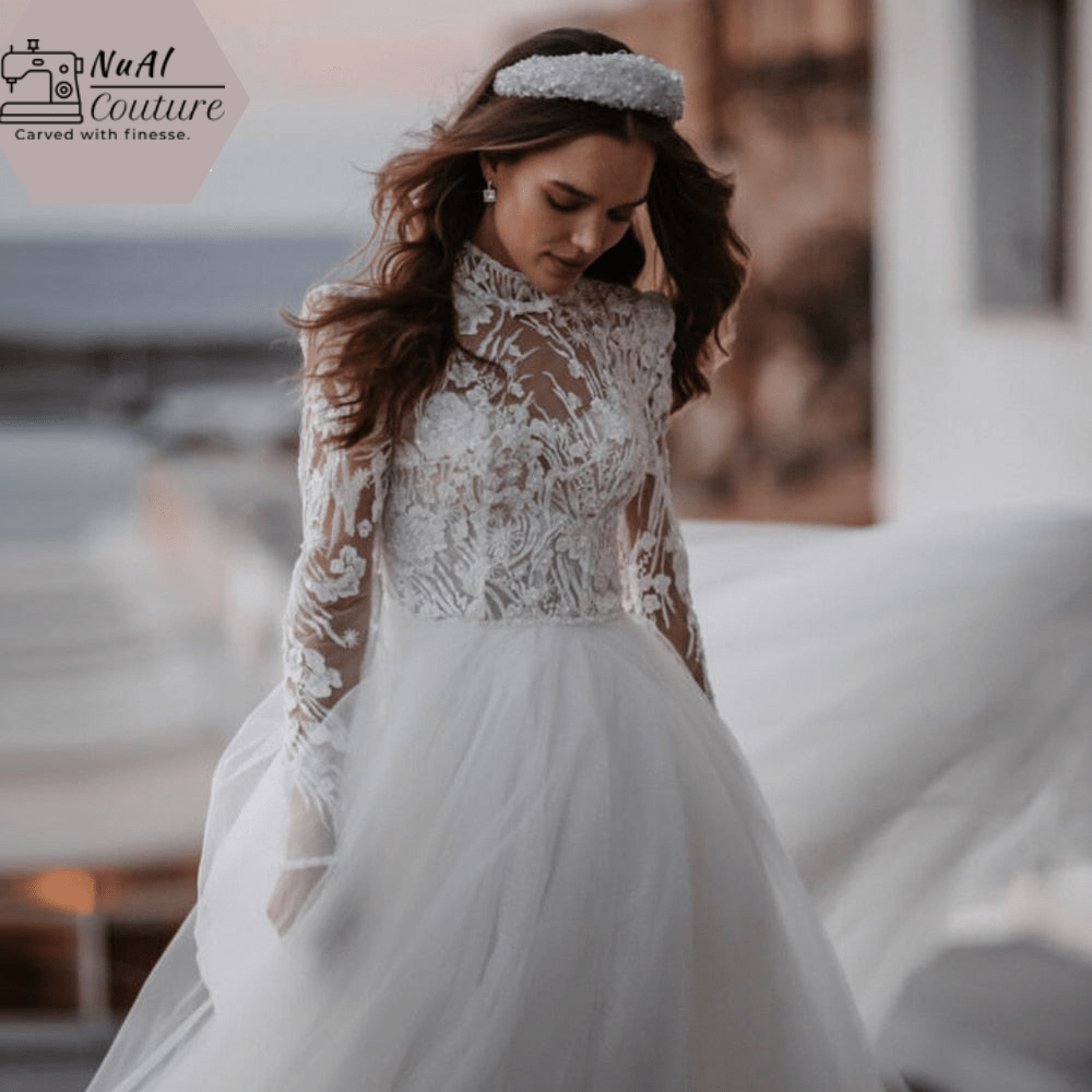 Beaded Appliques Long Sleeve Wedding Dress