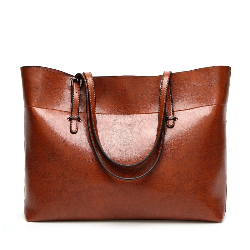 Large Size Casual Tote Solid Leather Handbag