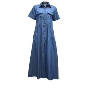 Mercerized Denim Pleated Short Sleeve Shirt