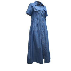 Mercerized Denim Pleated Short Sleeve Shirt