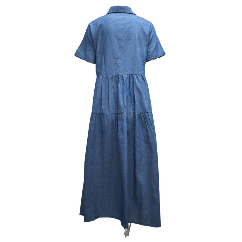 Mercerized Denim Pleated Short Sleeve Shirt