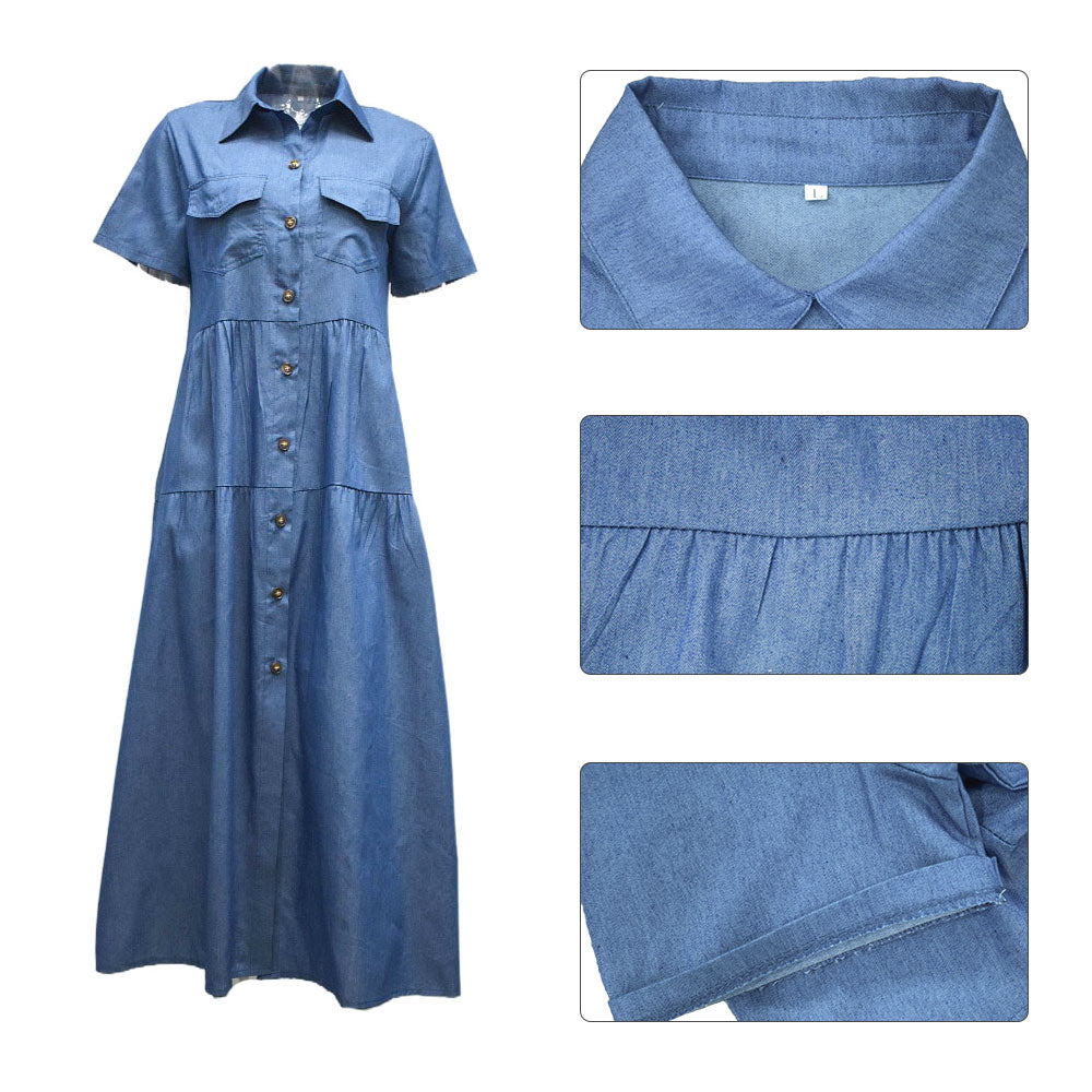 Mercerized Denim Pleated Short Sleeve Shirt