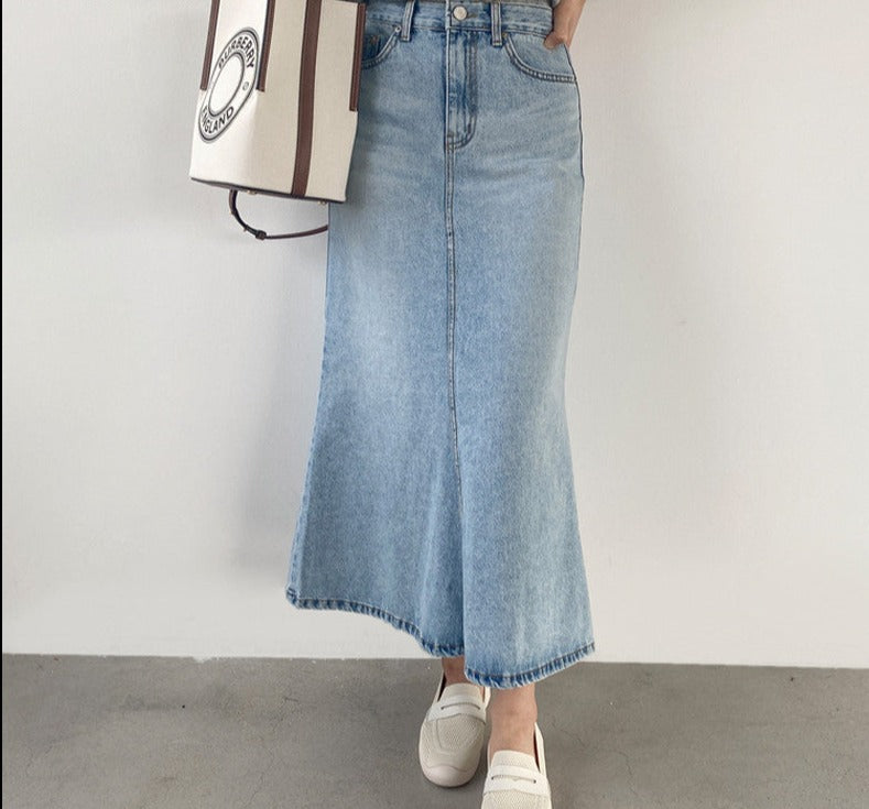 Stretched Women Denim Mid-length Skirt