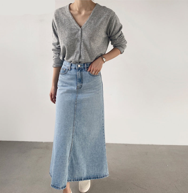 Stretched Women Denim Mid-length Skirt