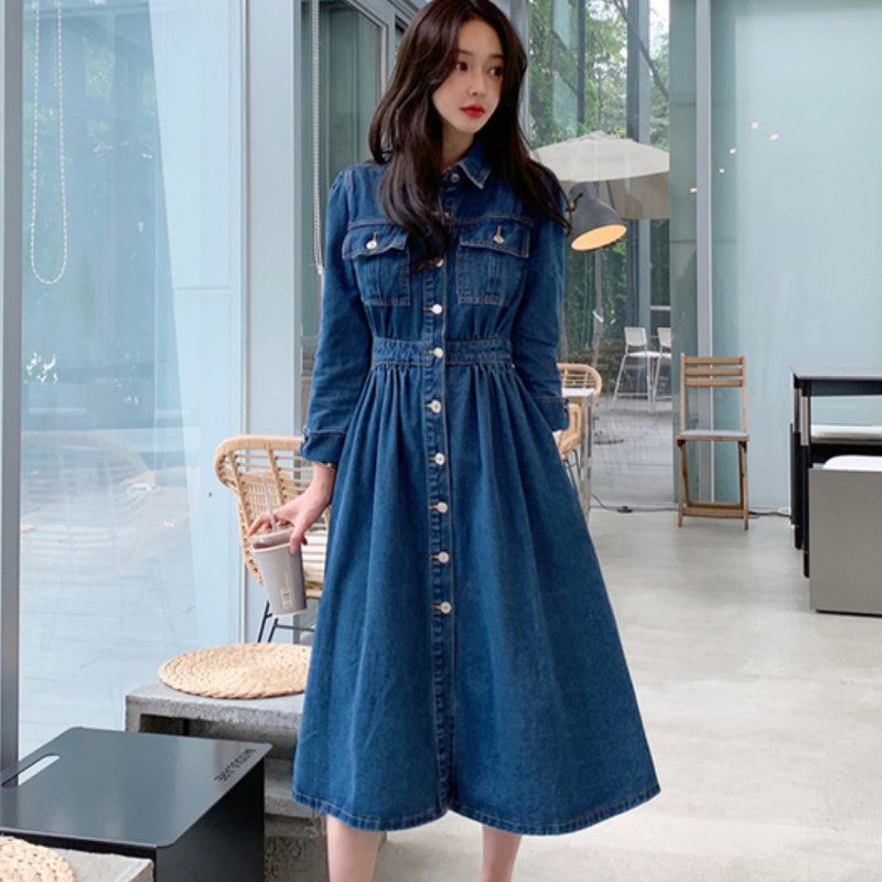 Vintage Denim Lapel Collar Single-Breasted Vestidos