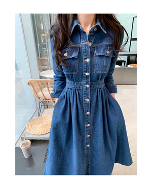 Vintage Denim Lapel Collar Single-Breasted Vestidos