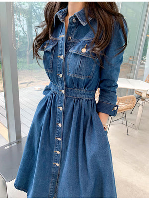 Vintage Denim Lapel Collar Single-Breasted Vestidos