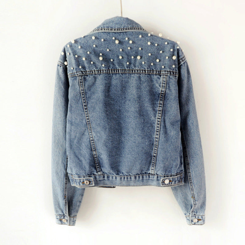 Full Sleeve Loose Button Pearls Short Women’s Denim Jacket