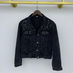 Full Sleeve Loose Button Pearls Short Women’s Denim Jacket