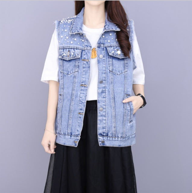 Full Sleeve Loose Button Pearls Short Women’s Denim Jacket