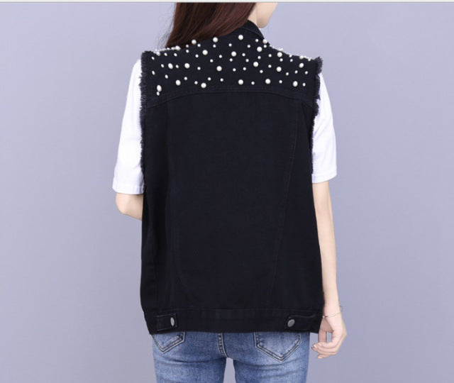 Full Sleeve Loose Button Pearls Short Women’s Denim Jacket