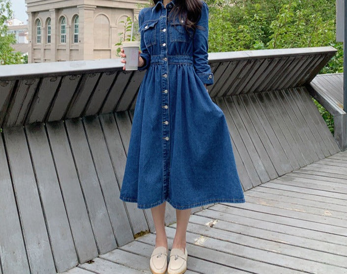 Vintage Denim Lapel Collar Single-Breasted Vestidos