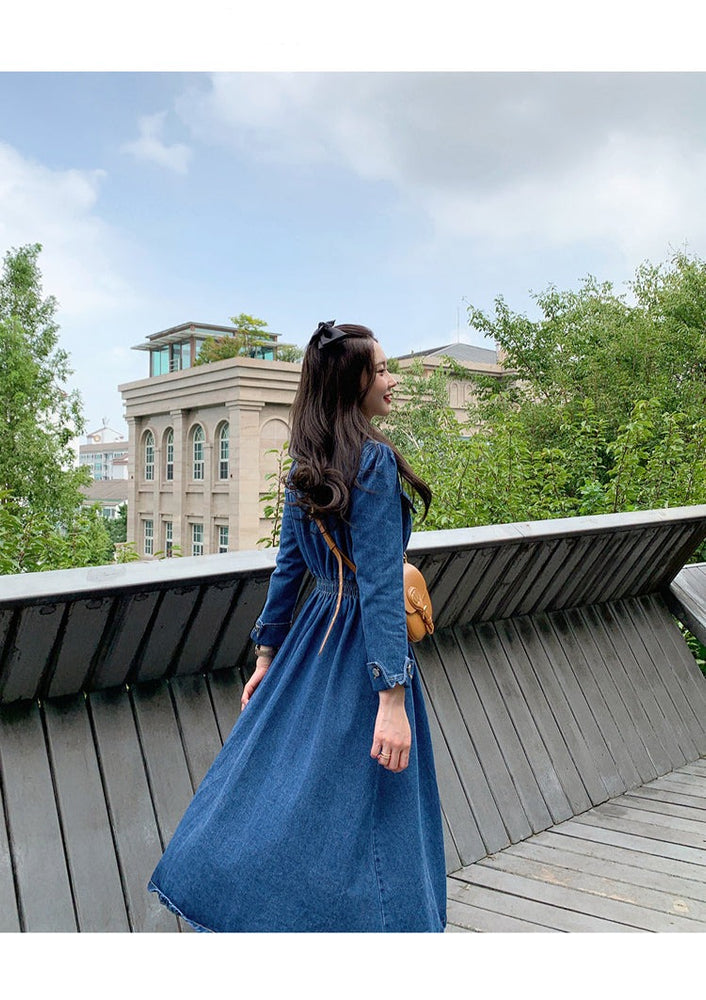 Vintage Denim Lapel Collar Single-Breasted Vestidos