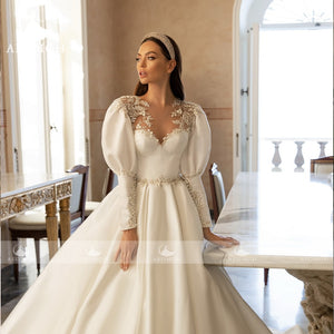 Lantern Sleeve Satin Wedding Dress