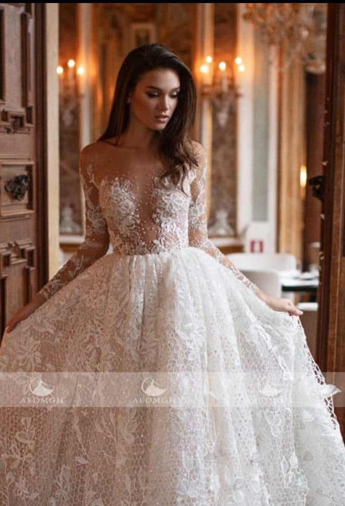 O-Neck Long Sleeve Beaded Appliques wedding Dress