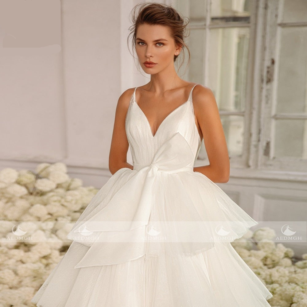 Ruffles Bow Spaghetti Straps Wedding Dress