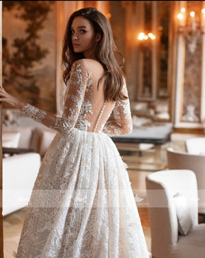 O-Neck Long Sleeve Beaded Appliques wedding Dress