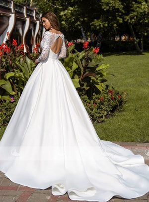 Vestido Matte Satin O-Neck Wedding Dress