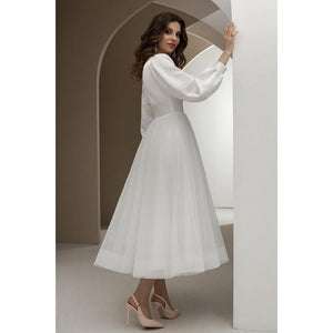 Ivory Satin Tulle V-Neck Short Mid-Calf Bridal Gowns