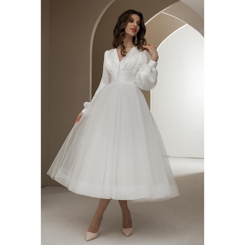 Ivory Satin Tulle V-Neck Short Mid-Calf Bridal Gowns