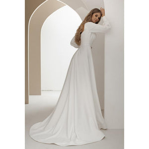 Ivory Satin Long Sleeves Scoop Bridal Gown