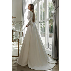 Ivory Soft Satin Long Sleeves Scoop Bridal Dress