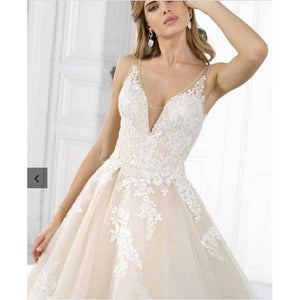 Champagne Tulle Lace V-Neck Sleeveless Wedding Dress