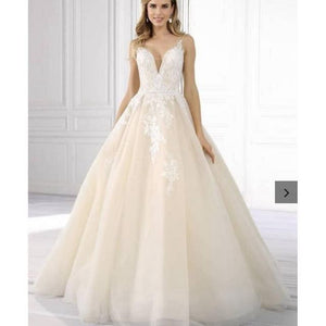 Champagne Tulle Lace V-Neck Sleeveless Wedding Dress