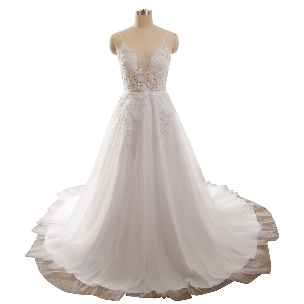 White Lace Tulle Spaghetti Straps Bridal Gown