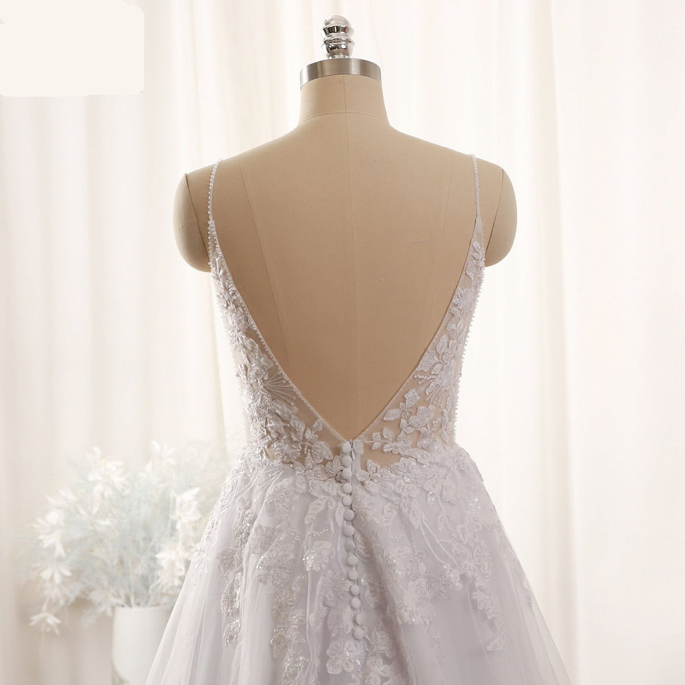 White Lace Tulle Spaghetti Straps Bridal Gown