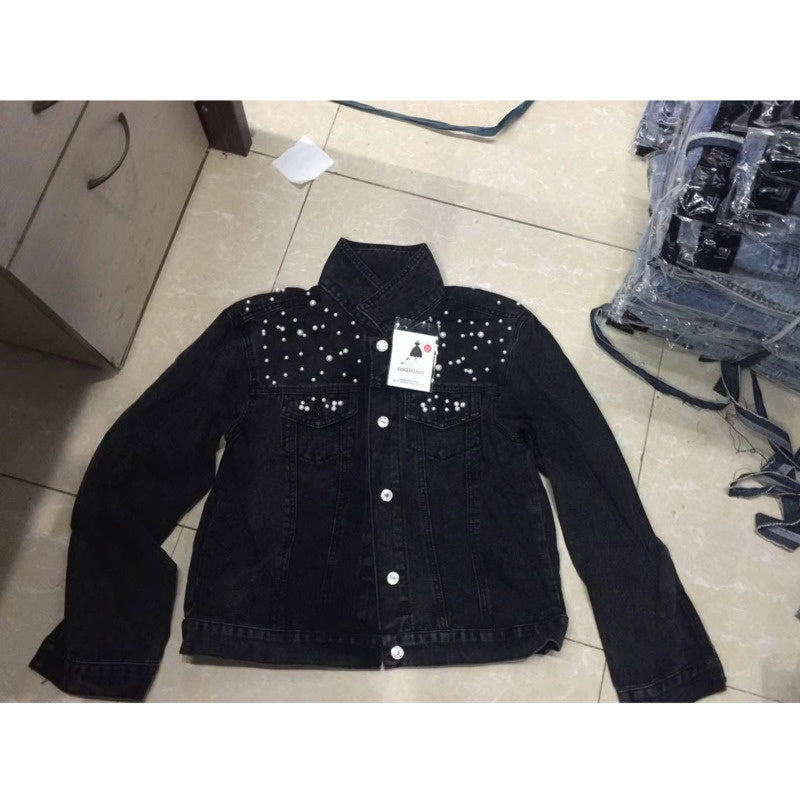 Full Sleeve Loose Button Pearls Short Women’s Denim Jacket