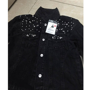 Full Sleeve Loose Button Pearls Short Women’s Denim Jacket