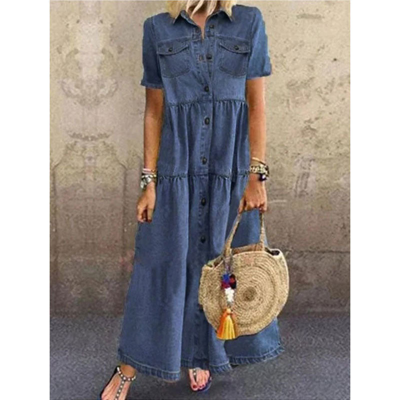 Mercerized Denim Pleated Short Sleeve Shirt