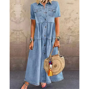 Mercerized Denim Pleated Short Sleeve Shirt