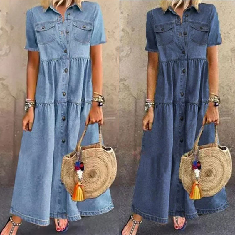 Mercerized Denim Pleated Short Sleeve Shirt