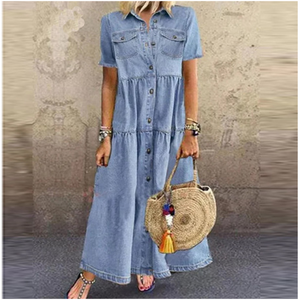 Mercerized Denim Pleated Short Sleeve Shirt