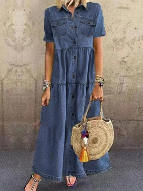 Mercerized Denim Pleated Short Sleeve Shirt