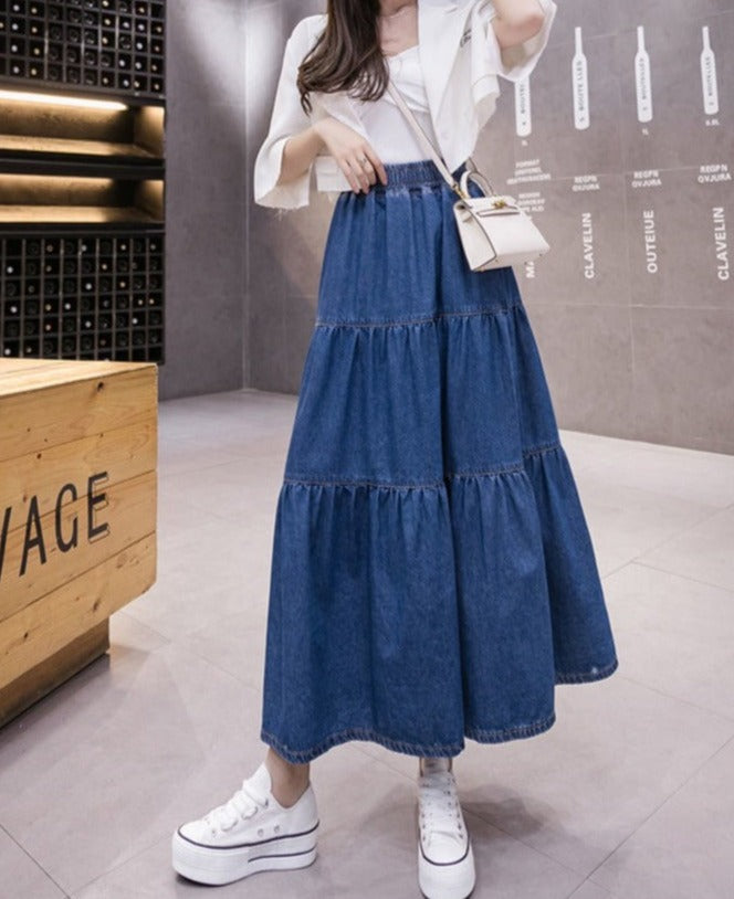 Denim Long Elastic High Waist Skirt