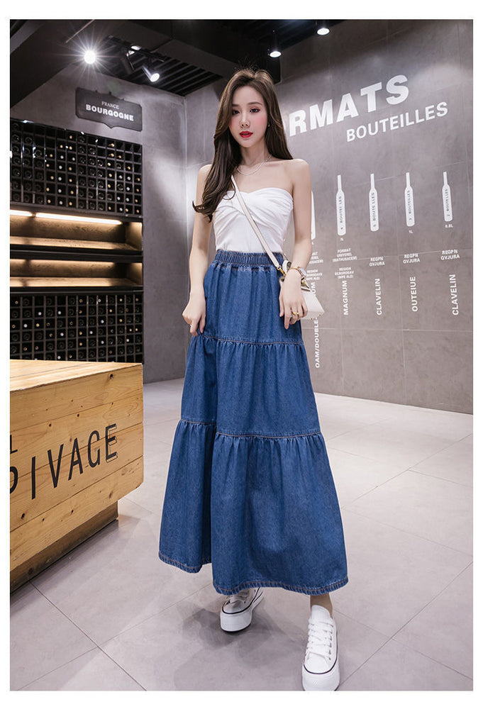 Denim Long Elastic High Waist Skirt